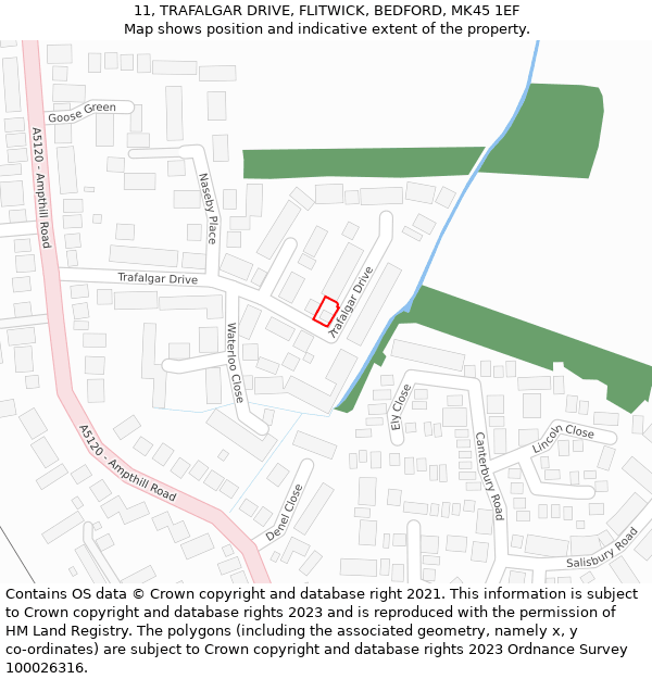 11, TRAFALGAR DRIVE, FLITWICK, BEDFORD, MK45 1EF: Location map and indicative extent of plot