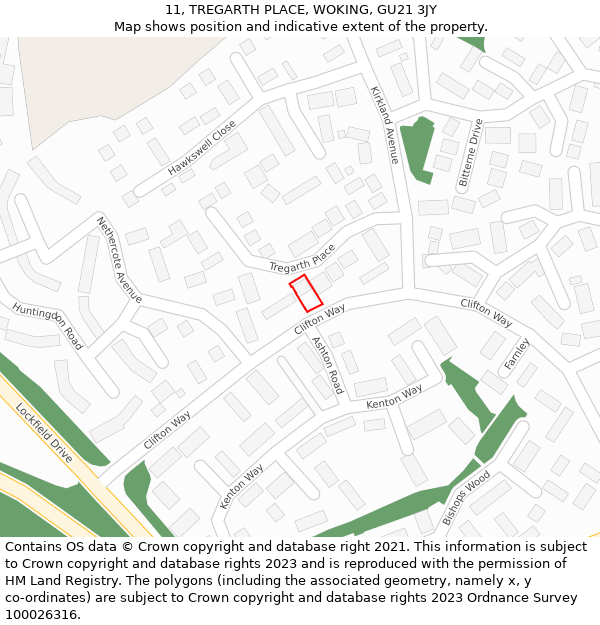 11, TREGARTH PLACE, WOKING, GU21 3JY: Location map and indicative extent of plot