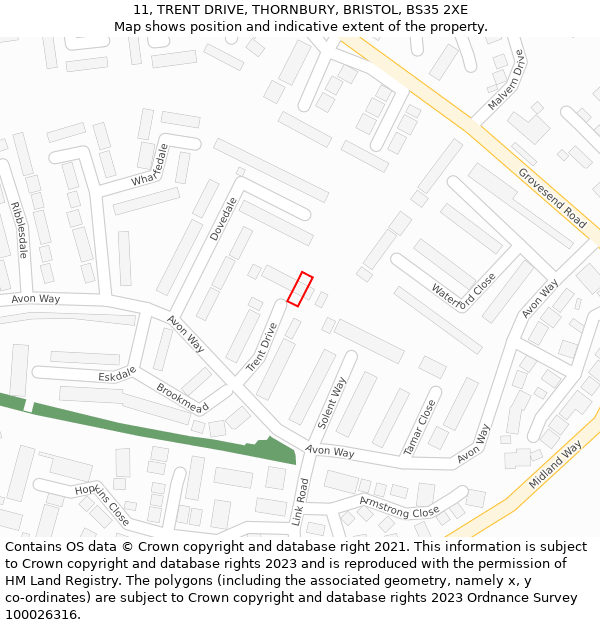 11, TRENT DRIVE, THORNBURY, BRISTOL, BS35 2XE: Location map and indicative extent of plot