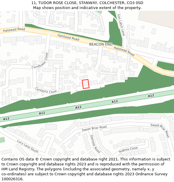 11, TUDOR ROSE CLOSE, STANWAY, COLCHESTER, CO3 0SD: Location map and indicative extent of plot