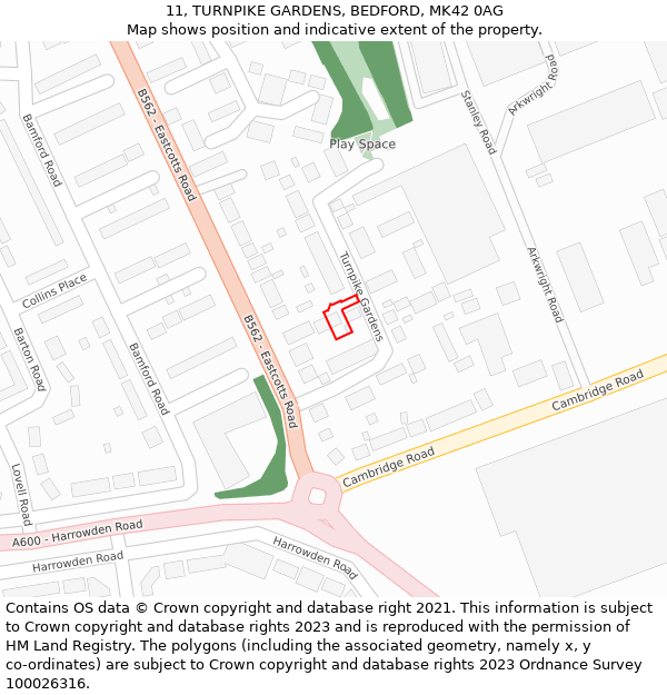 11, TURNPIKE GARDENS, BEDFORD, MK42 0AG: Location map and indicative extent of plot