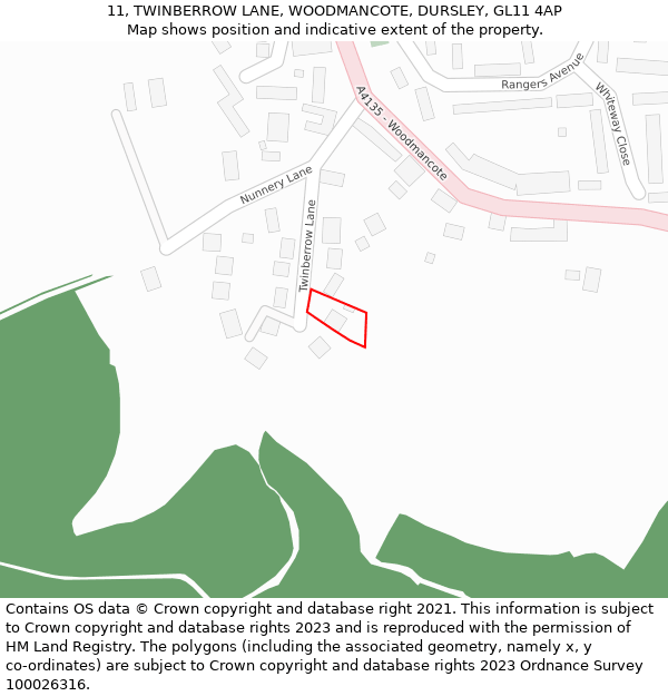 11, TWINBERROW LANE, WOODMANCOTE, DURSLEY, GL11 4AP: Location map and indicative extent of plot