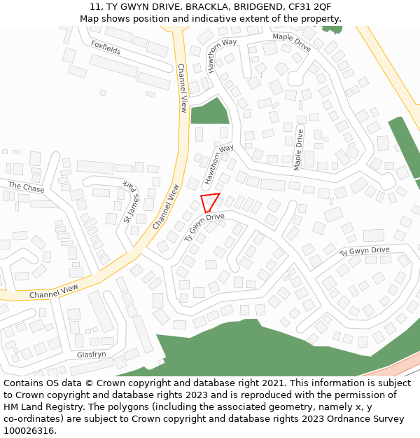 11, TY GWYN DRIVE, BRACKLA, BRIDGEND, CF31 2QF: Location map and indicative extent of plot