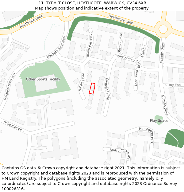 11, TYBALT CLOSE, HEATHCOTE, WARWICK, CV34 6XB: Location map and indicative extent of plot