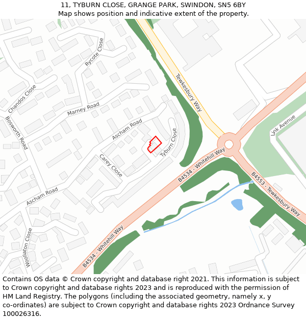 11, TYBURN CLOSE, GRANGE PARK, SWINDON, SN5 6BY: Location map and indicative extent of plot