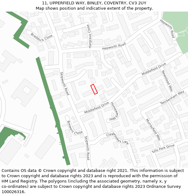 11, UPPERFIELD WAY, BINLEY, COVENTRY, CV3 2UY: Location map and indicative extent of plot