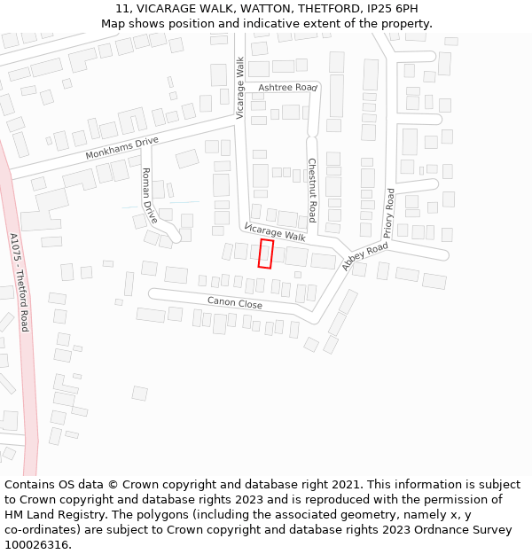 11, VICARAGE WALK, WATTON, THETFORD, IP25 6PH: Location map and indicative extent of plot