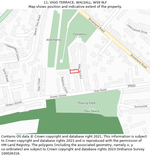 11, VIGO TERRACE, WALSALL, WS9 9LF: Location map and indicative extent of plot