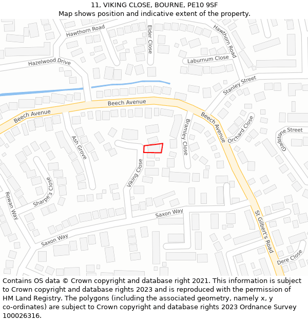 11, VIKING CLOSE, BOURNE, PE10 9SF: Location map and indicative extent of plot