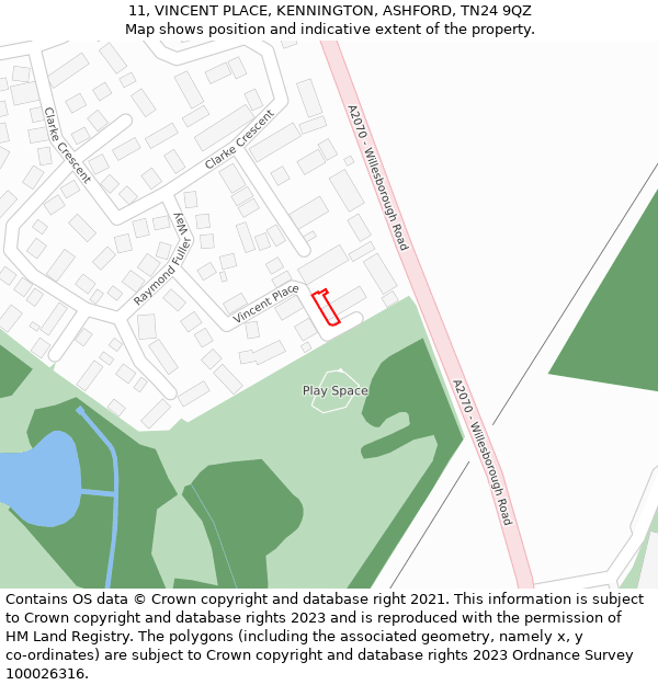 11, VINCENT PLACE, KENNINGTON, ASHFORD, TN24 9QZ: Location map and indicative extent of plot