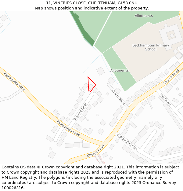 11, VINERIES CLOSE, CHELTENHAM, GL53 0NU: Location map and indicative extent of plot