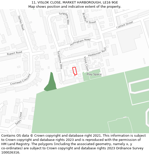 11, VISLOK CLOSE, MARKET HARBOROUGH, LE16 9GE: Location map and indicative extent of plot
