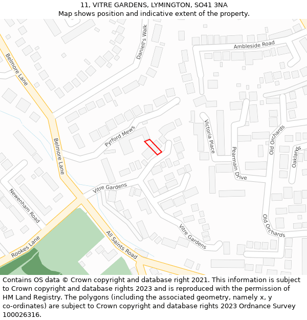 11, VITRE GARDENS, LYMINGTON, SO41 3NA: Location map and indicative extent of plot