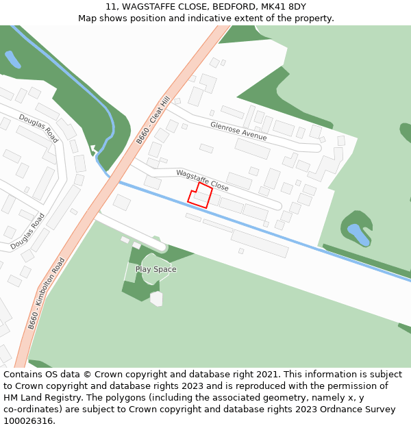 11, WAGSTAFFE CLOSE, BEDFORD, MK41 8DY: Location map and indicative extent of plot