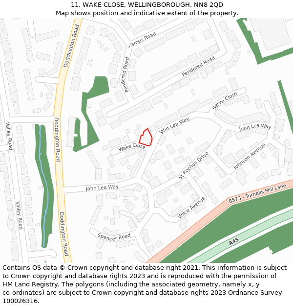 11, WAKE CLOSE, WELLINGBOROUGH, NN8 2QD: Location map and indicative extent of plot