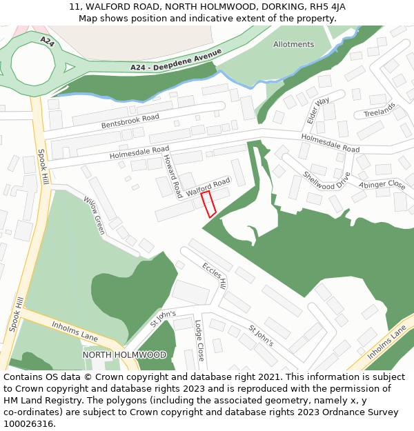 11, WALFORD ROAD, NORTH HOLMWOOD, DORKING, RH5 4JA: Location map and indicative extent of plot