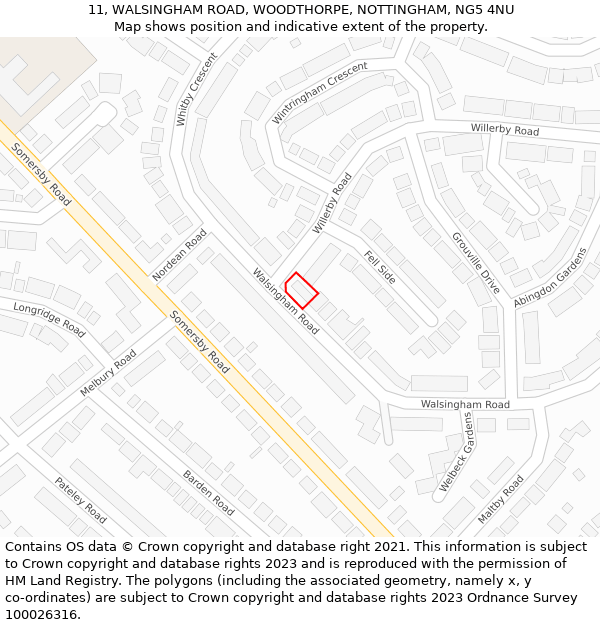 11, WALSINGHAM ROAD, WOODTHORPE, NOTTINGHAM, NG5 4NU: Location map and indicative extent of plot