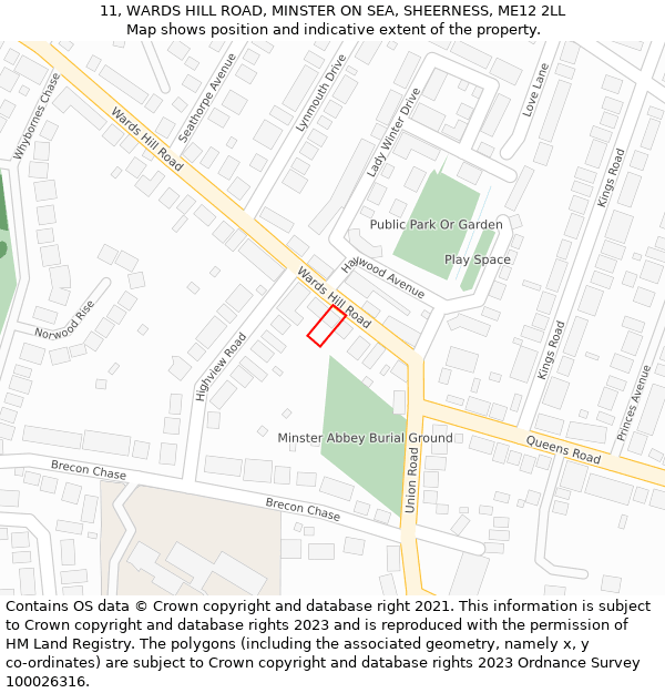 11, WARDS HILL ROAD, MINSTER ON SEA, SHEERNESS, ME12 2LL: Location map and indicative extent of plot