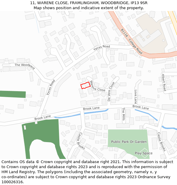 11, WARENE CLOSE, FRAMLINGHAM, WOODBRIDGE, IP13 9SR: Location map and indicative extent of plot