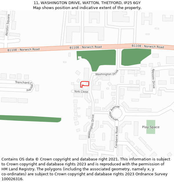 11, WASHINGTON DRIVE, WATTON, THETFORD, IP25 6GY: Location map and indicative extent of plot