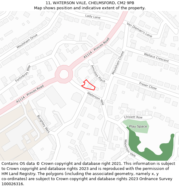 11, WATERSON VALE, CHELMSFORD, CM2 9PB: Location map and indicative extent of plot