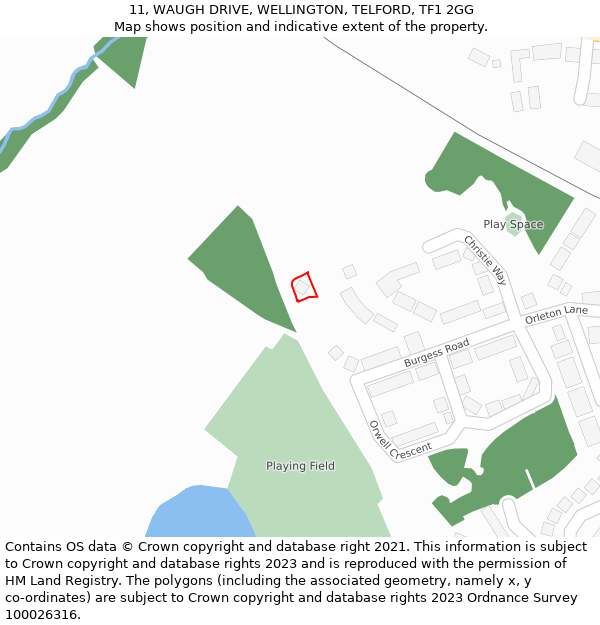11, WAUGH DRIVE, WELLINGTON, TELFORD, TF1 2GG: Location map and indicative extent of plot