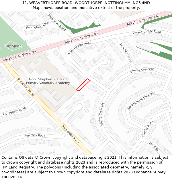 11, WEAVERTHORPE ROAD, WOODTHORPE, NOTTINGHAM, NG5 4ND: Location map and indicative extent of plot