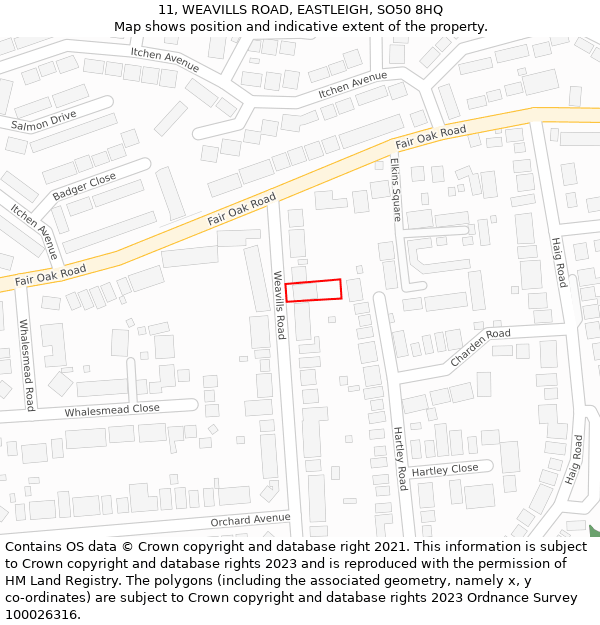 11, WEAVILLS ROAD, EASTLEIGH, SO50 8HQ: Location map and indicative extent of plot