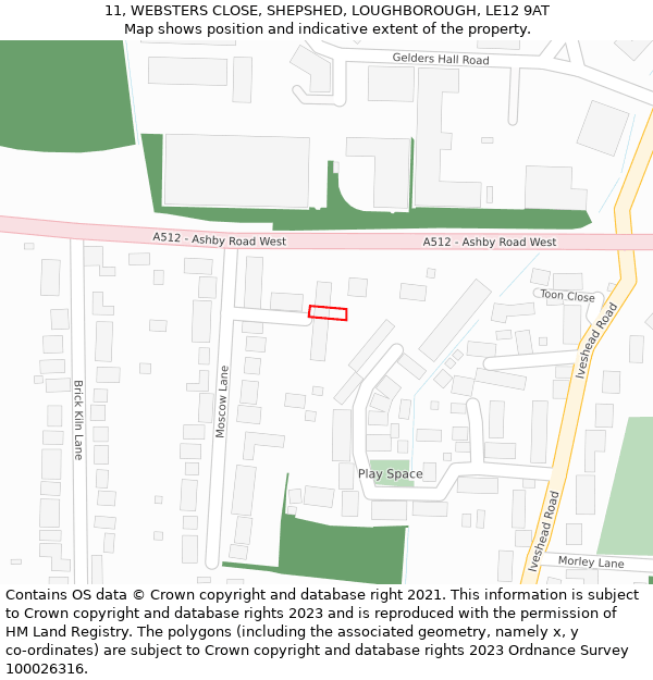 11, WEBSTERS CLOSE, SHEPSHED, LOUGHBOROUGH, LE12 9AT: Location map and indicative extent of plot