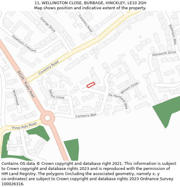 11, WELLINGTON CLOSE, BURBAGE, HINCKLEY, LE10 2GH: Location map and indicative extent of plot