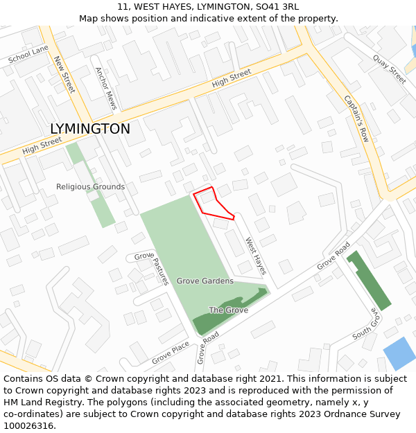 11, WEST HAYES, LYMINGTON, SO41 3RL: Location map and indicative extent of plot