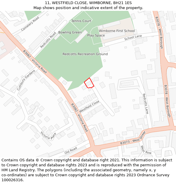 11, WESTFIELD CLOSE, WIMBORNE, BH21 1ES: Location map and indicative extent of plot
