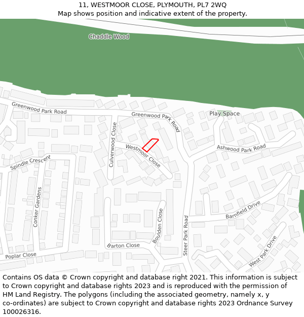 11, WESTMOOR CLOSE, PLYMOUTH, PL7 2WQ: Location map and indicative extent of plot