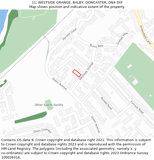 11, WESTSIDE GRANGE, BALBY, DONCASTER, DN4 0XF: Location map and indicative extent of plot