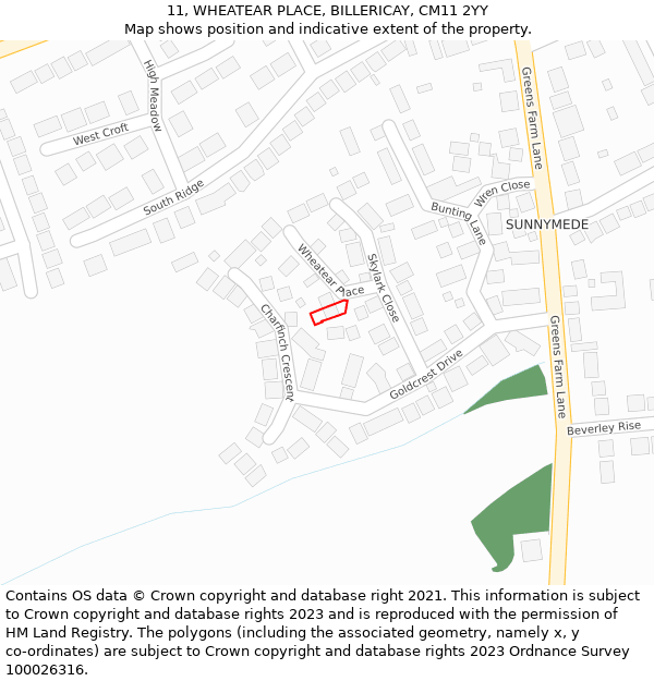 11, WHEATEAR PLACE, BILLERICAY, CM11 2YY: Location map and indicative extent of plot