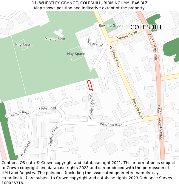 11, WHEATLEY GRANGE, COLESHILL, BIRMINGHAM, B46 3LZ: Location map and indicative extent of plot