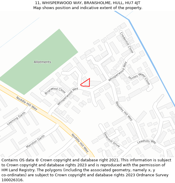 11, WHISPERWOOD WAY, BRANSHOLME, HULL, HU7 4JT: Location map and indicative extent of plot