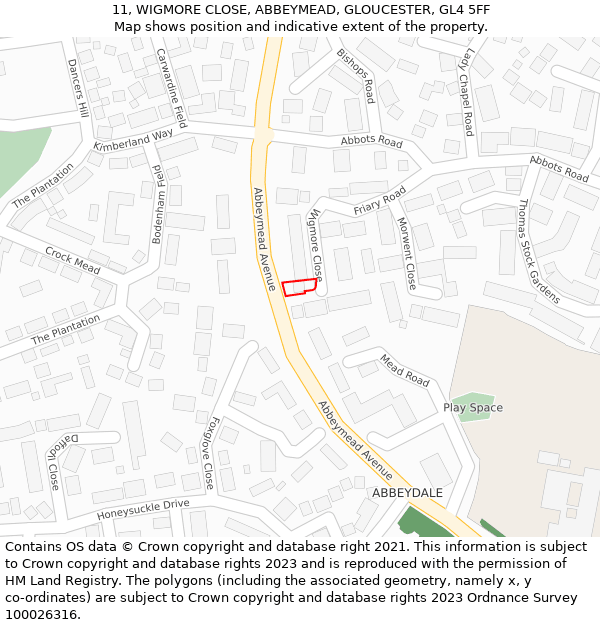 11, WIGMORE CLOSE, ABBEYMEAD, GLOUCESTER, GL4 5FF: Location map and indicative extent of plot