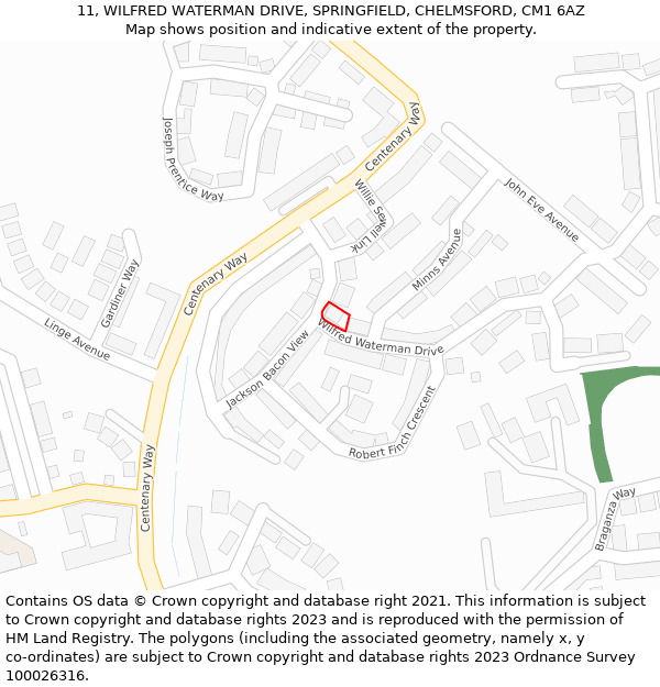 11, WILFRED WATERMAN DRIVE, SPRINGFIELD, CHELMSFORD, CM1 6AZ: Location map and indicative extent of plot