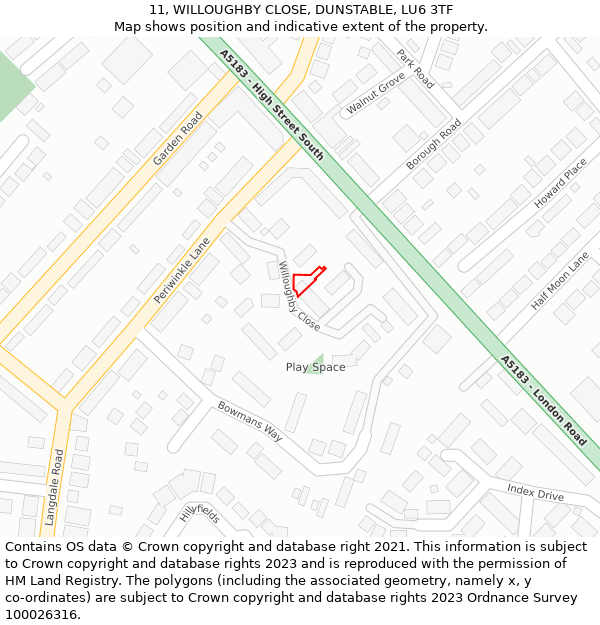 11, WILLOUGHBY CLOSE, DUNSTABLE, LU6 3TF: Location map and indicative extent of plot