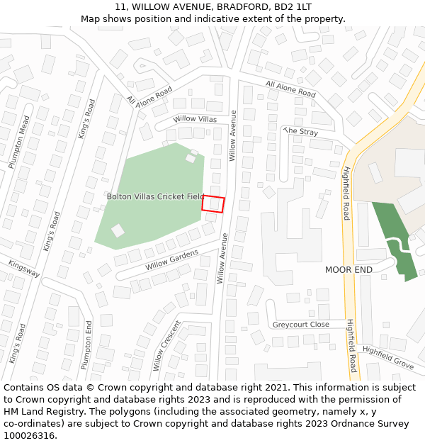 11, WILLOW AVENUE, BRADFORD, BD2 1LT: Location map and indicative extent of plot
