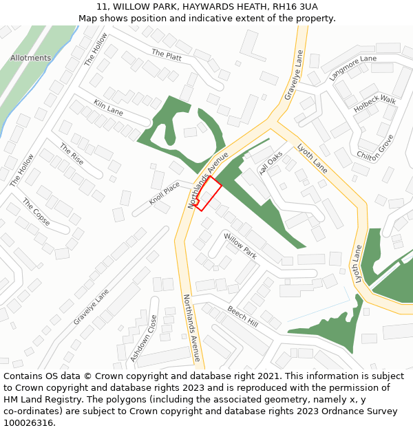 11, WILLOW PARK, HAYWARDS HEATH, RH16 3UA: Location map and indicative extent of plot