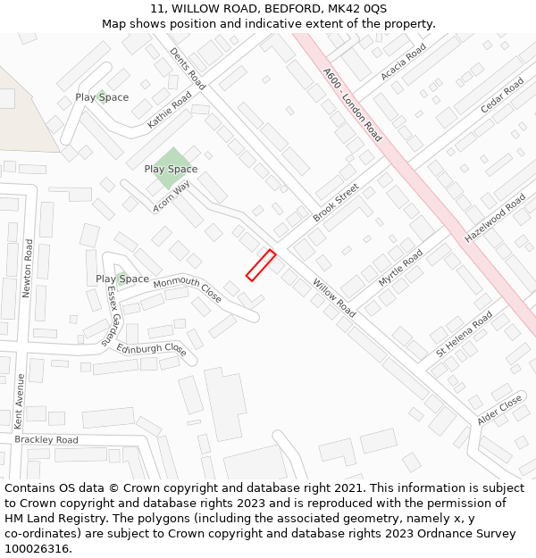 11, WILLOW ROAD, BEDFORD, MK42 0QS: Location map and indicative extent of plot