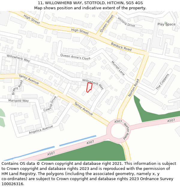 11, WILLOWHERB WAY, STOTFOLD, HITCHIN, SG5 4GS: Location map and indicative extent of plot