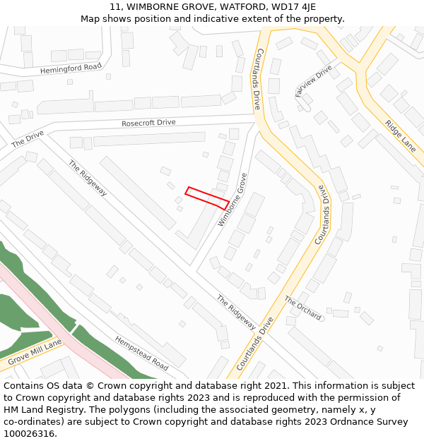 11, WIMBORNE GROVE, WATFORD, WD17 4JE: Location map and indicative extent of plot