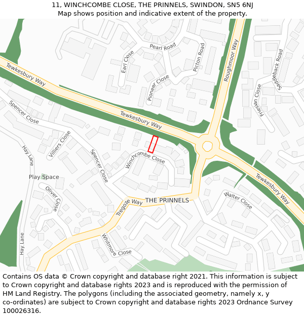 11, WINCHCOMBE CLOSE, THE PRINNELS, SWINDON, SN5 6NJ: Location map and indicative extent of plot