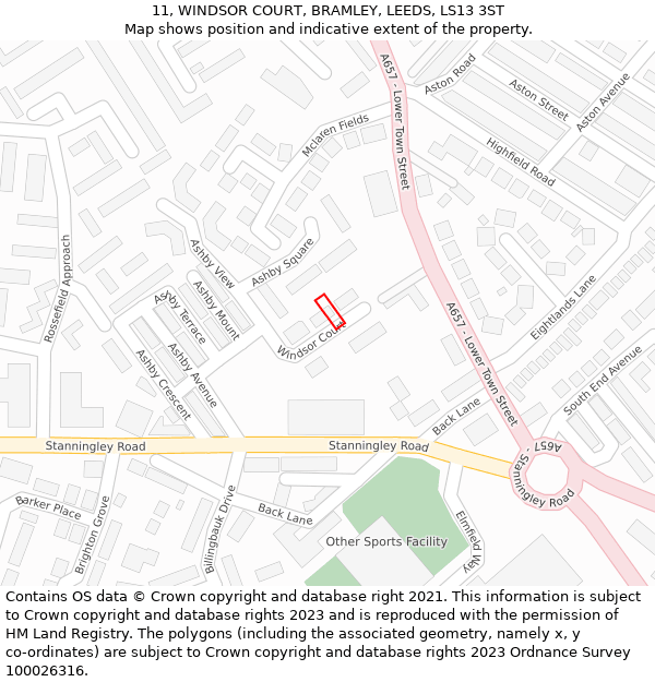 11, WINDSOR COURT, BRAMLEY, LEEDS, LS13 3ST: Location map and indicative extent of plot
