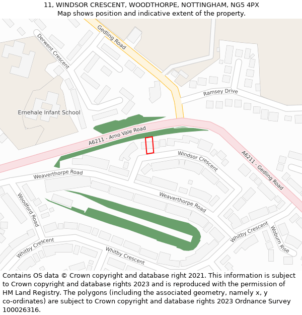 11, WINDSOR CRESCENT, WOODTHORPE, NOTTINGHAM, NG5 4PX: Location map and indicative extent of plot