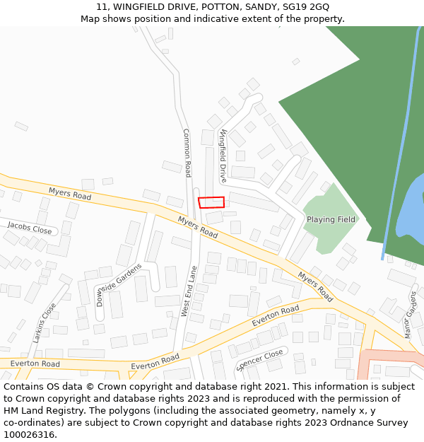 11, WINGFIELD DRIVE, POTTON, SANDY, SG19 2GQ: Location map and indicative extent of plot