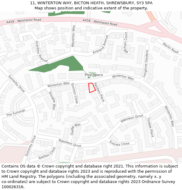 11, WINTERTON WAY, BICTON HEATH, SHREWSBURY, SY3 5PA: Location map and indicative extent of plot